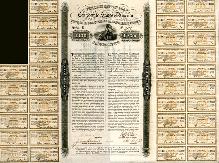 Confederate Cotton Loan Bond signed by John Slidell - 1863 dated £100 British Pounds Bond